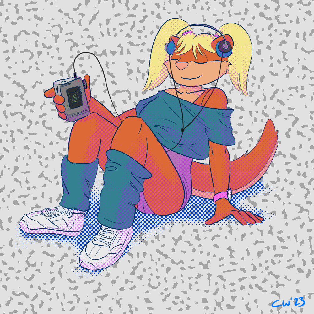A 80s style drawing of Cargie in aerobics gear and rollerskates listening to a walkman