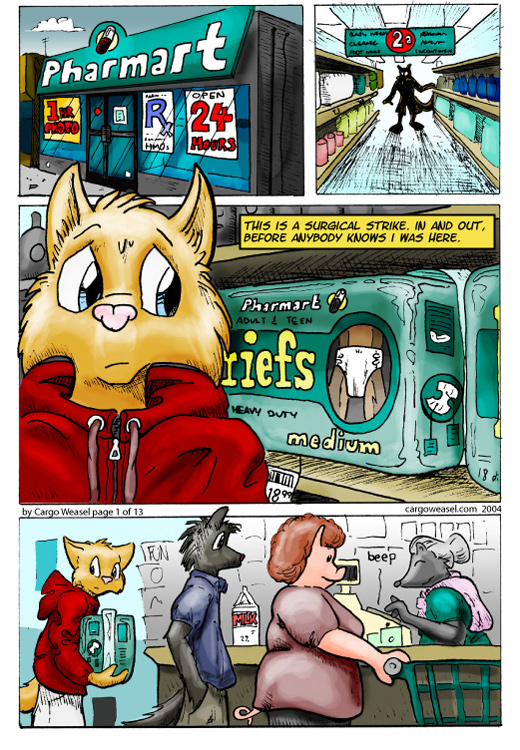 the first page of my 13 page comic Playtime, depicting a nervous looking catboy fur purchasing adult diapers in the pharmacy nervously