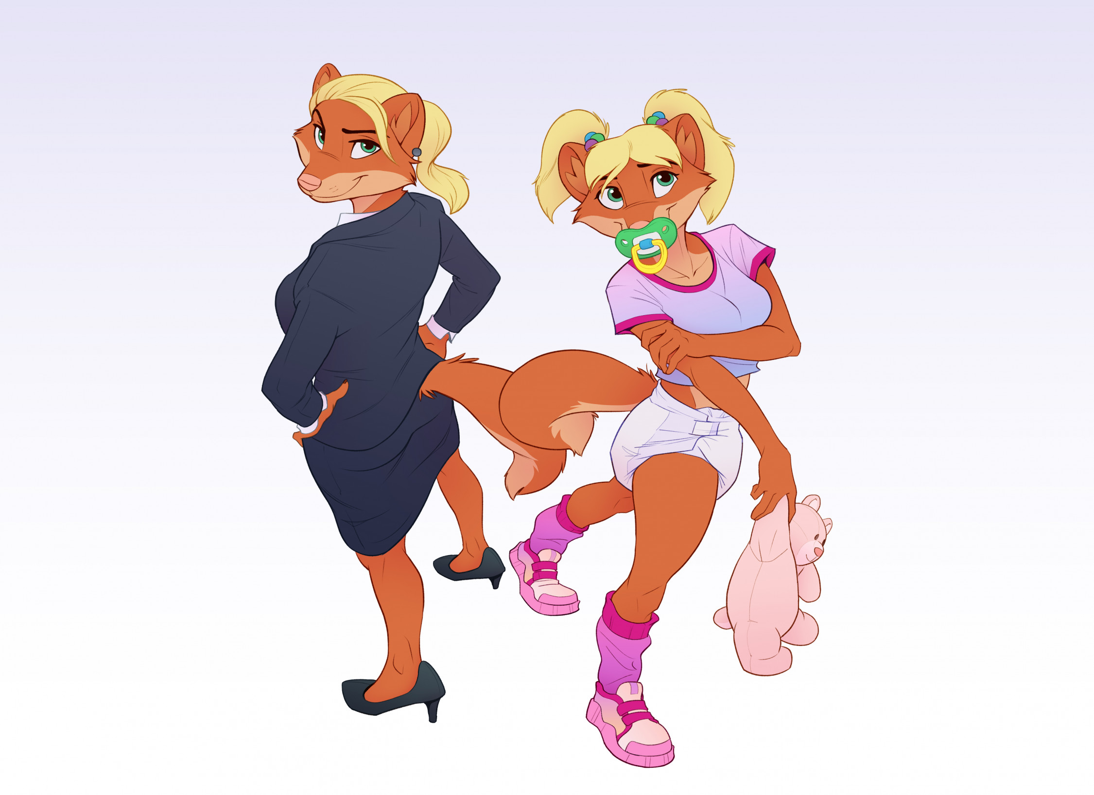 A drawing by the artist Colten depicting the dual nature of Cargie: one as a high powered fem business woman and one as a little, with diapers and a plushie. They are both looking up at the viewer on a blank background.