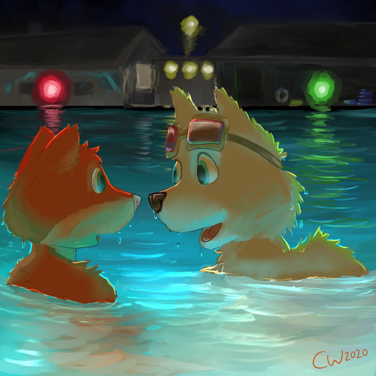 A painting by me depicting two furs swimming at night, looking at each other while floating in the water